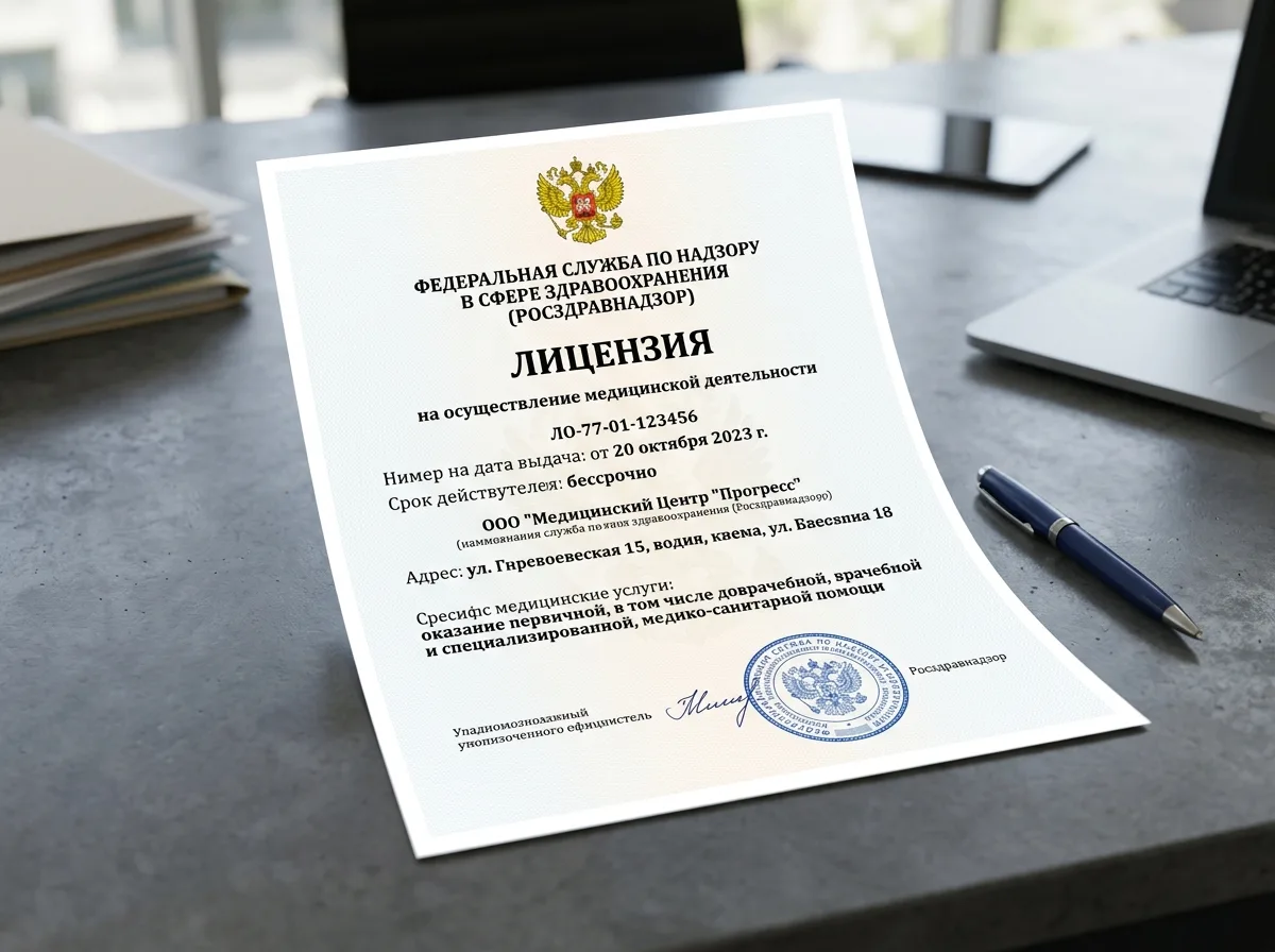 Лицензия Росздравнадзора на осуществление медицинской деятельности: официальный бланк с печатью, серый фон, деловая обстановка