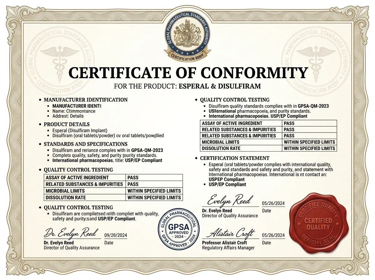 Сертификат соответствия препаратов Эспераль и Дисульфирам: официальный документ качества с печатями на белом фоне