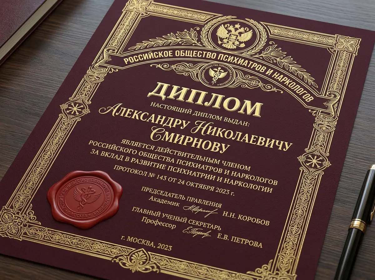 Диплом члена Российского общества психиатров-наркологов: красивый официальный документ с золотым тиснением на бордовом фоне